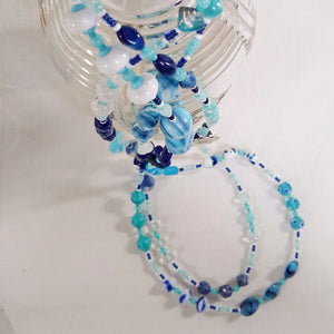 Super Long Necklace ~ Navy, Aqua, White - Vintage Glass