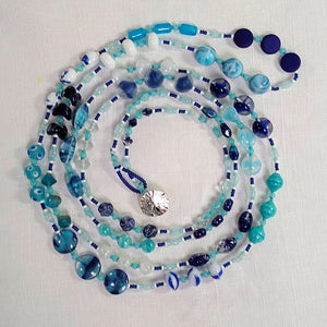 Super Long Necklace ~ Navy, Aqua, White - Vintage Glass