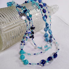 Load image into Gallery viewer, Super Long Necklace ~ Navy, Aqua, White - Vintage Glass
