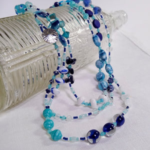 Super Long Necklace ~ Navy, Aqua, White - Vintage Glass