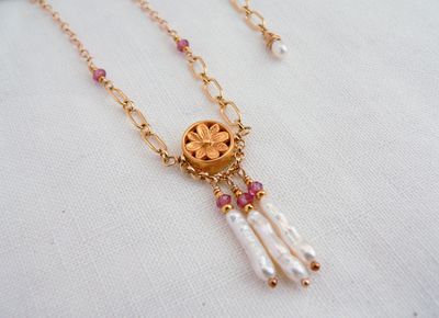 Gold Bud Necklace - Rhodolite Garnet and Pearls