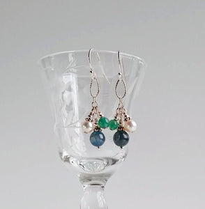 Trio Earrings ~ Blue Kyanite, Freshwater Pearl, Green Agate